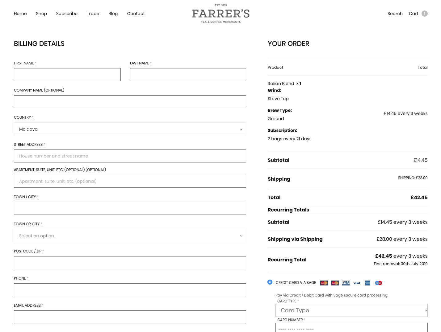 farrers-coffee-checkout page